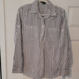 Ralph Lauren White Button-Down Shirt with Black Vertical Stripes